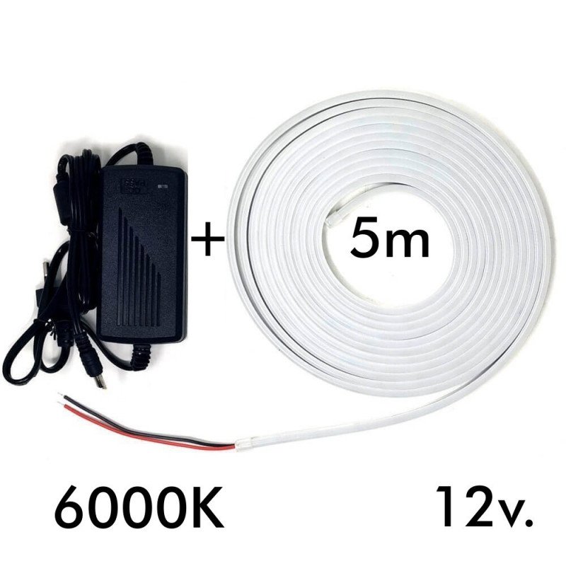 Pack Tira Neón 6000K LED 6mm 12V + Fuente de Alimentación