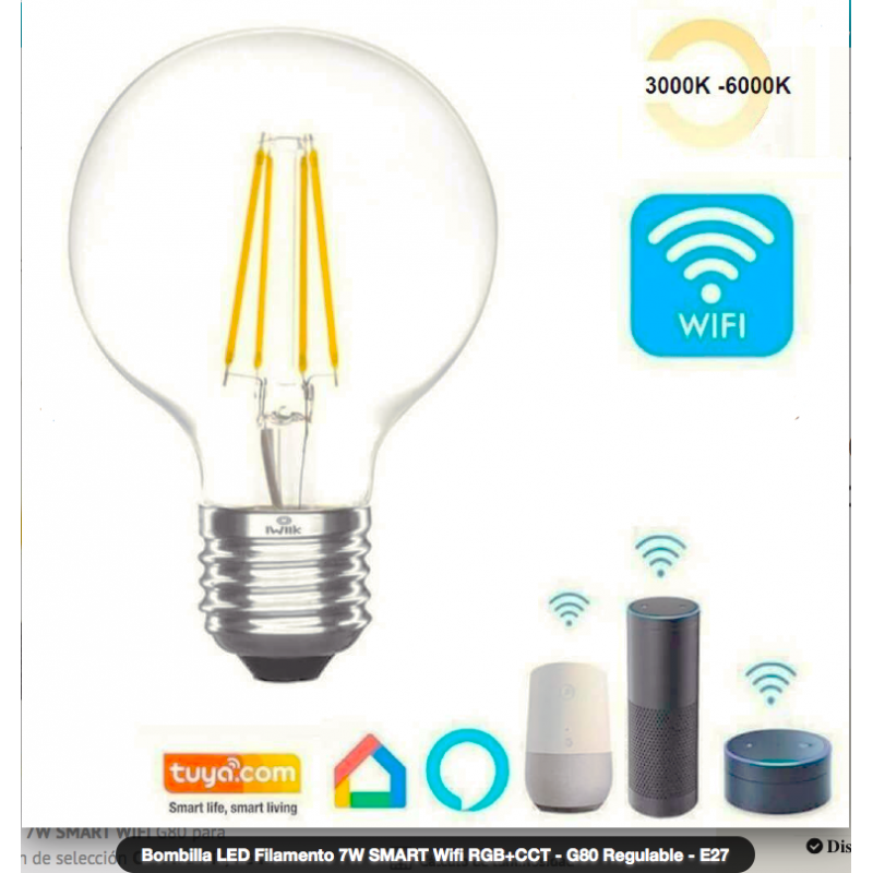 Bombilla LED Filamento 7W SMART Wifi CCT - G80 Regulable - E27